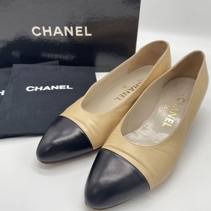 CHANEL Shoes Pumps Heel EU 37 US 7 Beige Black Authentic