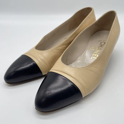 CHANEL Shoes Pumps Heel EU 37 US 7 Beige Black Authentic