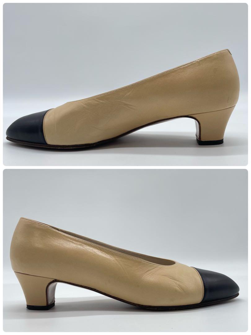CHANEL Shoes Pumps Heel EU 37 US 7 Beige Black Authentic