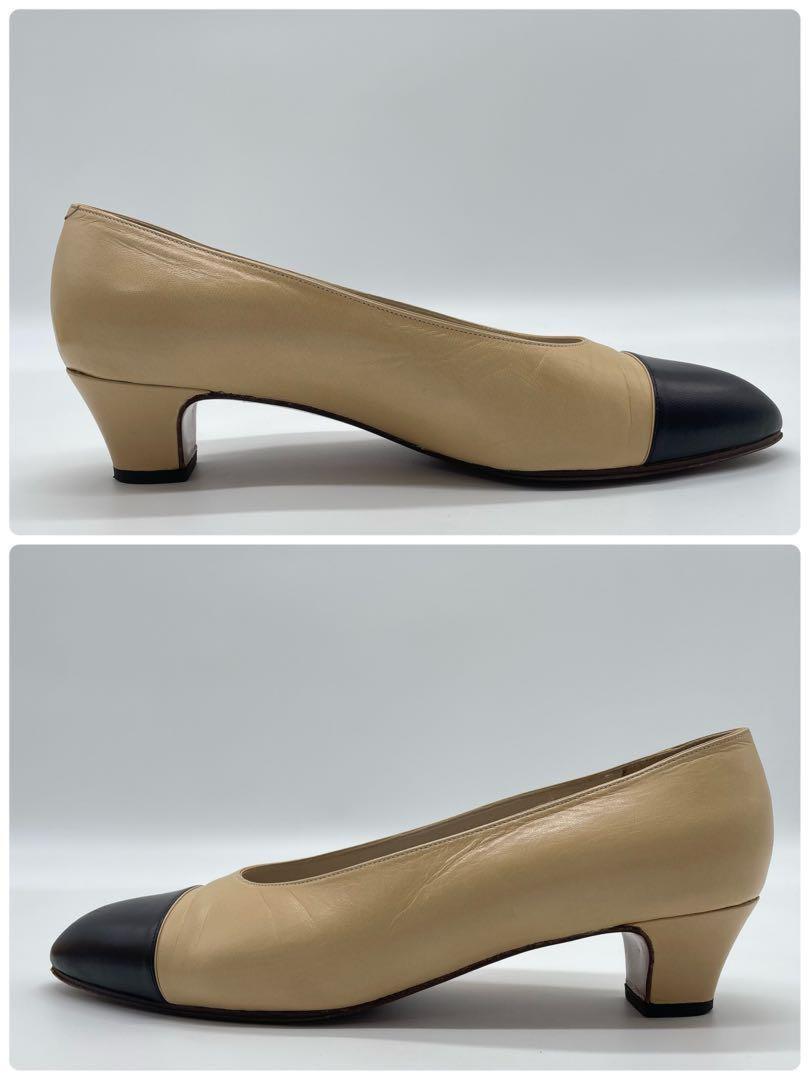 CHANEL Shoes Pumps Heel EU 37 US 7 Beige Black Authentic