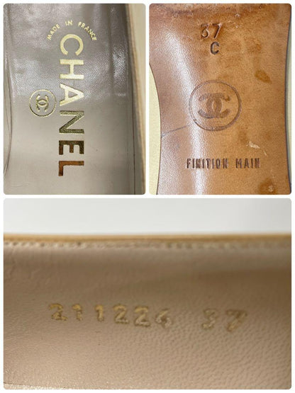 CHANEL Shoes Pumps Heel EU 37 US 7 Beige Black Authentic