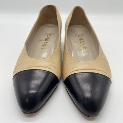 CHANEL Shoes Pumps Heel EU 37 US 7 Beige Black Authentic