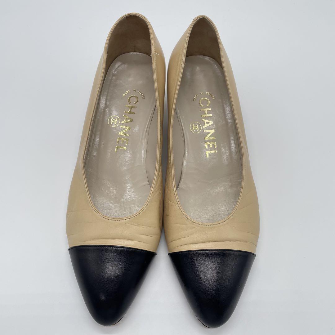 CHANEL Shoes Pumps Heel EU 37 US 7 Beige Black Authentic