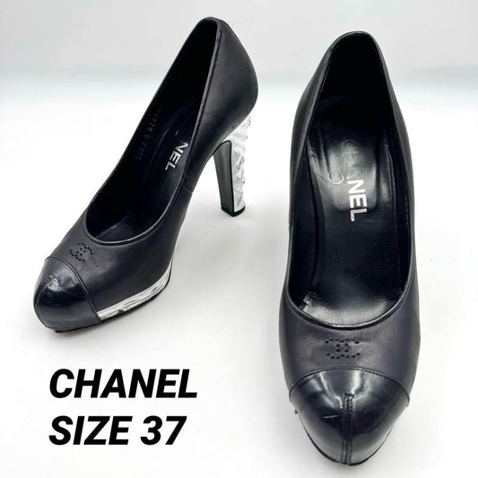 CHANEL Shoes Pumps Heel Cocomark EU 37 US 7 Leather Black Silver Authentic