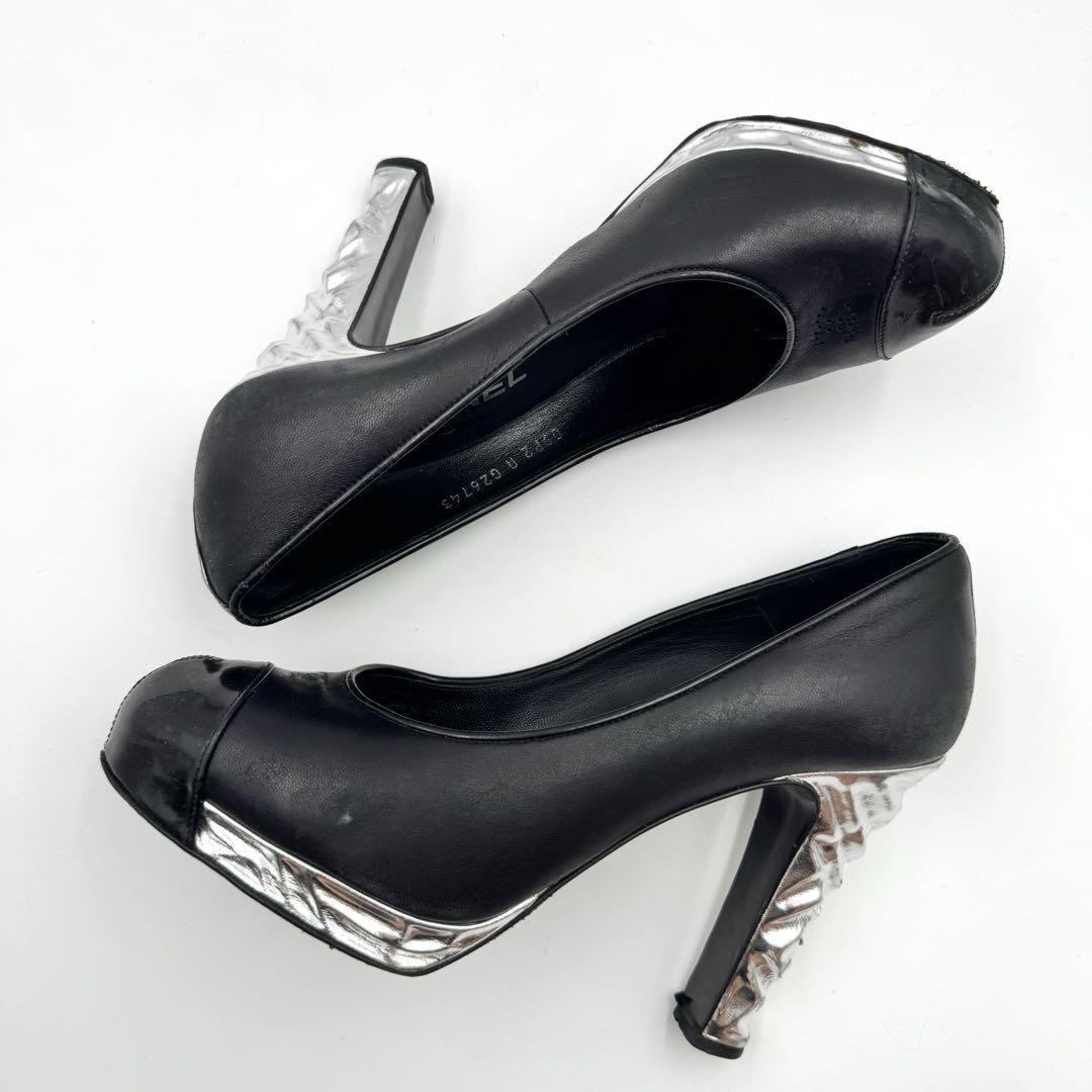 CHANEL Shoes Pumps Heel Cocomark EU 37 US 7 Leather Black Silver Authentic