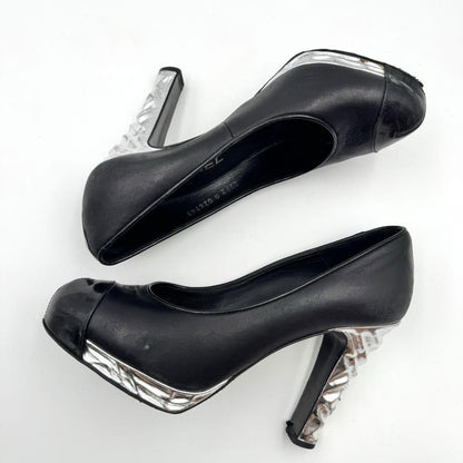 CHANEL Shoes Pumps Heel Cocomark EU 37 US 7 Leather Black Silver Authentic