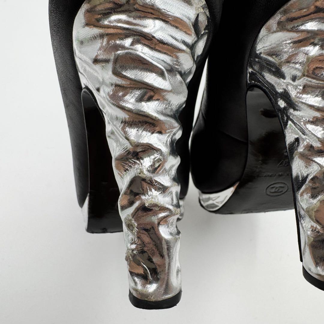 CHANEL Shoes Pumps Heel Cocomark EU 37 US 7 Leather Black Silver Authentic