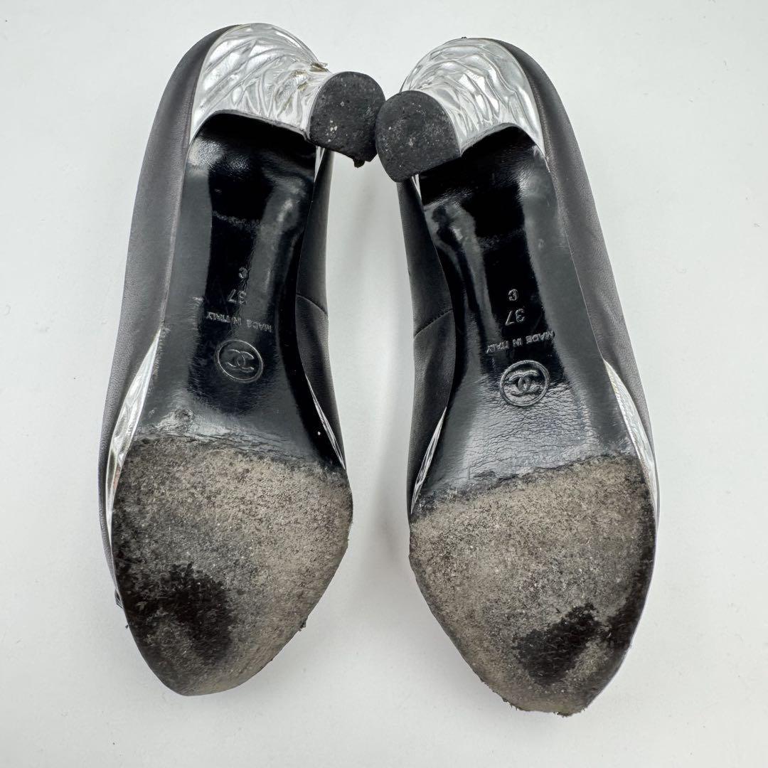 CHANEL Shoes Pumps Heel Cocomark EU 37 US 7 Leather Black Silver Authentic