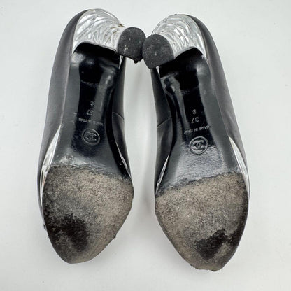 CHANEL Shoes Pumps Heel Cocomark EU 37 US 7 Leather Black Silver Authentic
