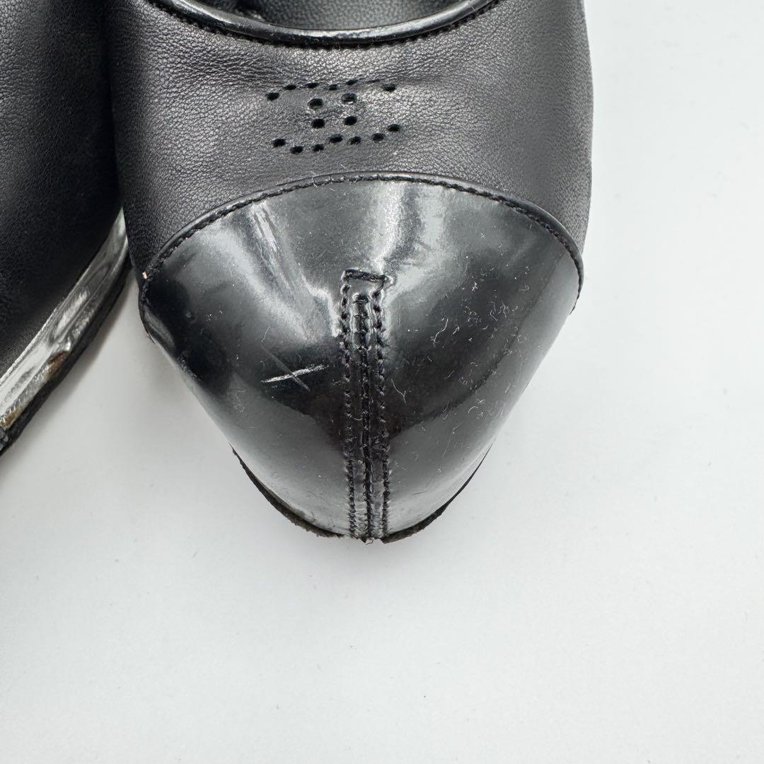 CHANEL Shoes Pumps Heel Cocomark EU 37 US 7 Leather Black Silver Authentic
