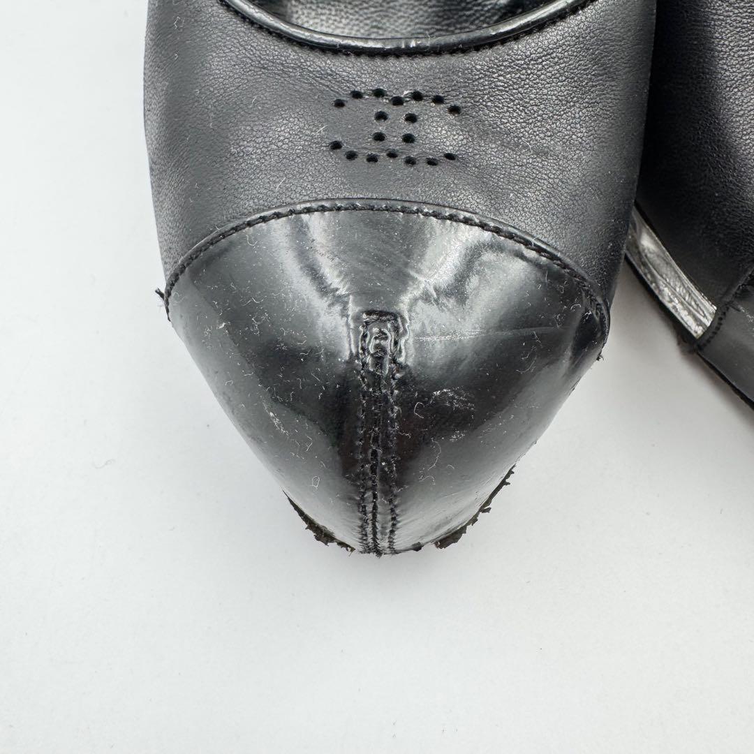 CHANEL Shoes Pumps Heel Cocomark EU 37 US 7 Leather Black Silver Authentic