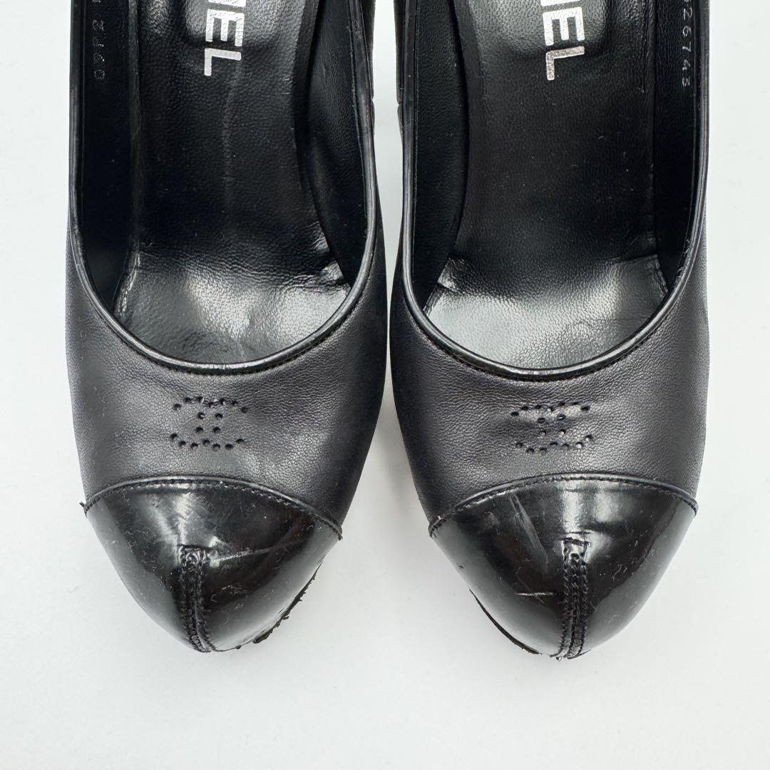 CHANEL Shoes Pumps Heel Cocomark EU 37 US 7 Leather Black Silver Authentic