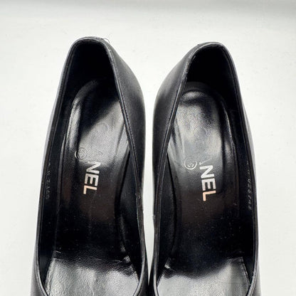 CHANEL Shoes Pumps Heel Cocomark EU 37 US 7 Leather Black Silver Authentic