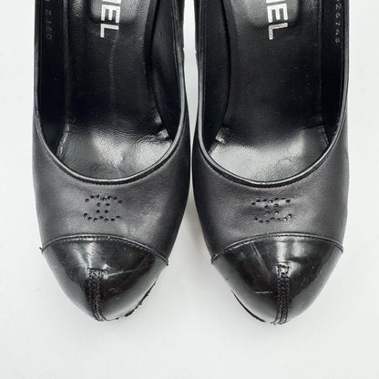 CHANEL Shoes Pumps Heel Cocomark EU 37 US 7 Leather Black Silver Authentic