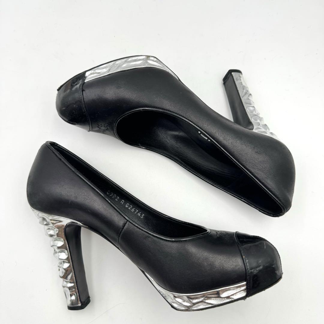 CHANEL Shoes Pumps Heel Cocomark EU 37 US 7 Leather Black Silver Authentic