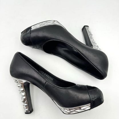 CHANEL Shoes Pumps Heel Cocomark EU 37 US 7 Leather Black Silver Authentic