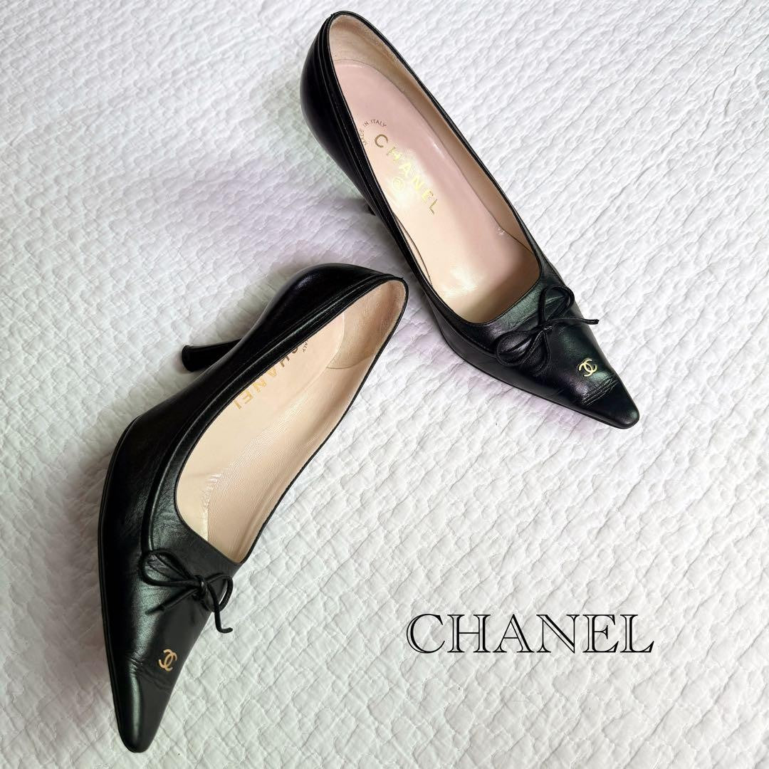 CHANEL Shoes Pumps Heel Cocomark EU 37.5 US 7.5 Leather Black Authentic