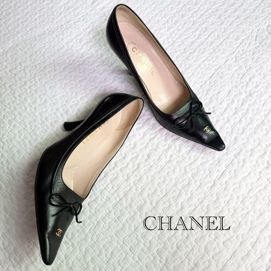 CHANEL Shoes Pumps Heel Cocomark EU 37.5 US 7.5 Leather Black Authentic