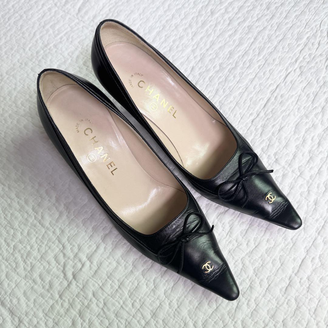 CHANEL Shoes Pumps Heel Cocomark EU 37.5 US 7.5 Leather Black Authentic