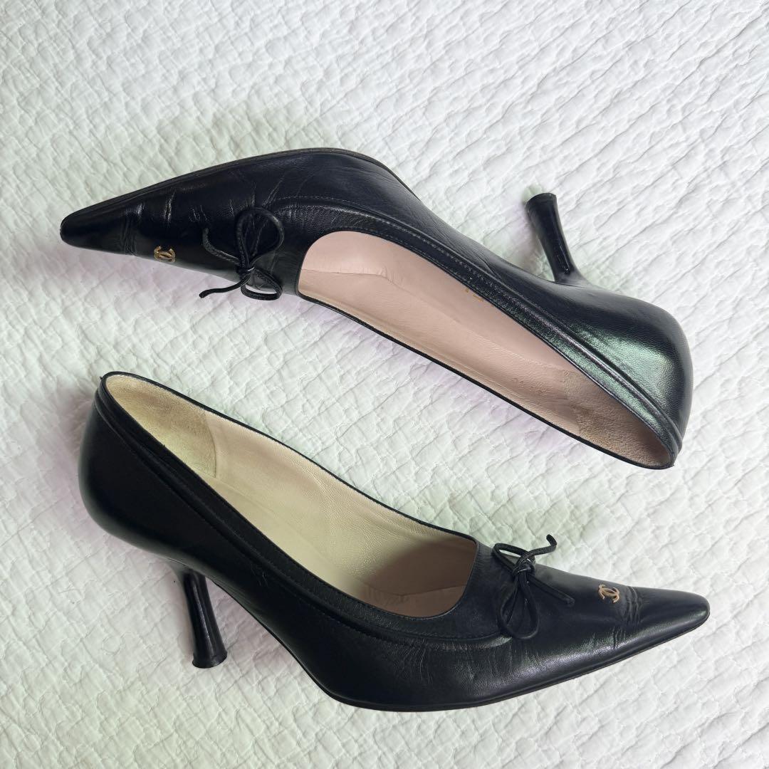 CHANEL Shoes Pumps Heel Cocomark EU 37.5 US 7.5 Leather Black Authentic