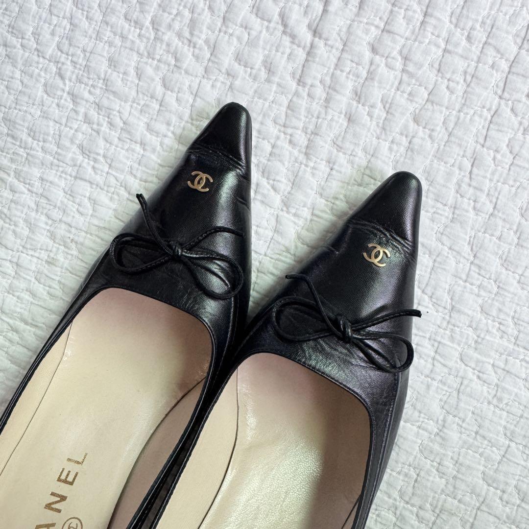 CHANEL Shoes Pumps Heel Cocomark EU 37.5 US 7.5 Leather Black Authentic