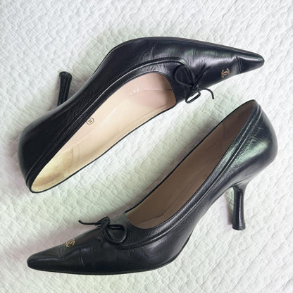 CHANEL Shoes Pumps Heel Cocomark EU 37.5 US 7.5 Leather Black Authentic