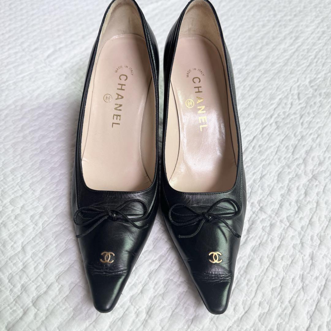 CHANEL Shoes Pumps Heel Cocomark EU 37.5 US 7.5 Leather Black Authentic