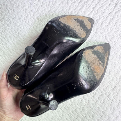 CHANEL Shoes Pumps Heel Cocomark EU 37.5 US 7.5 Leather Black Authentic