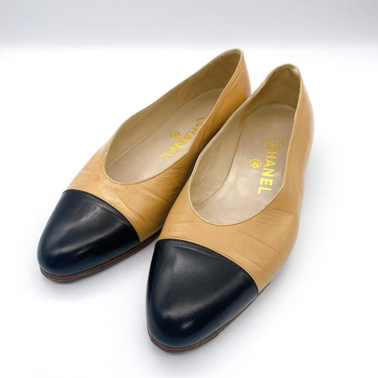 CHANEL Shoes Pumps Heel EU 36.5 US 6.5 Leather Beige Black Authentic