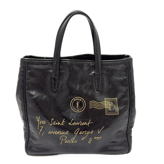 Saint Laurent rivegauche Hand Bag Tote Purse Patent Leather Black Gold Authentic