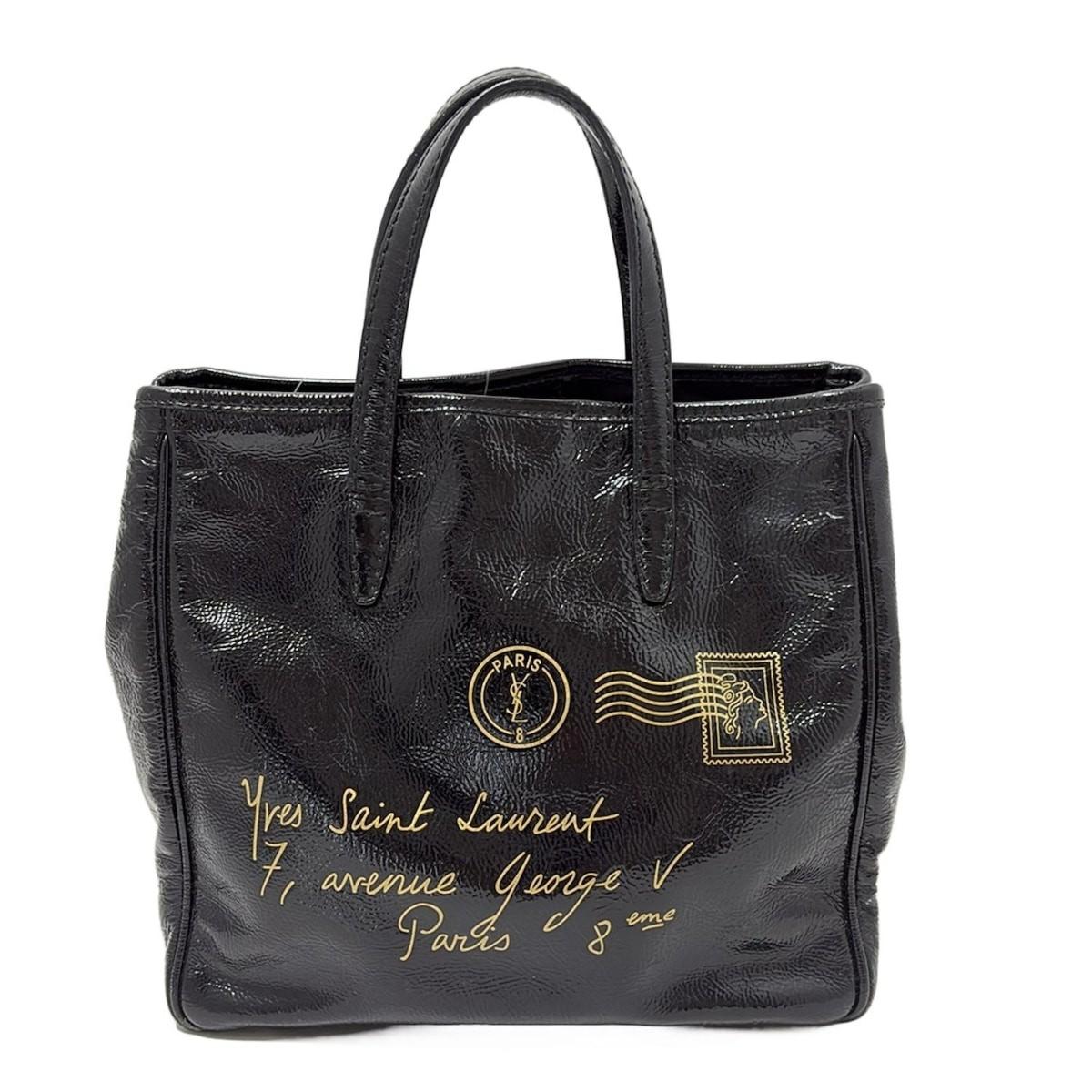 Saint Laurent rivegauche Hand Bag Tote Purse Patent Leather Black Gold Authentic