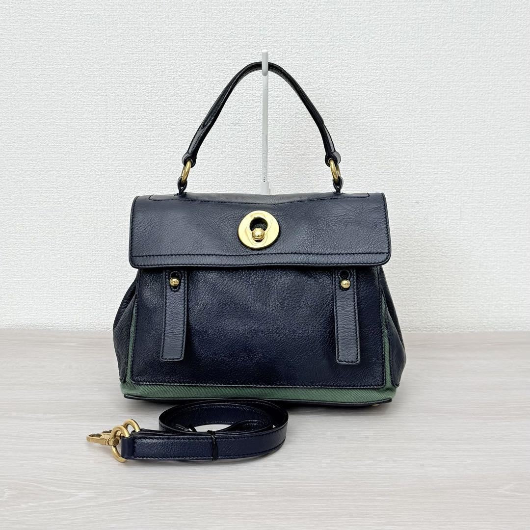 Saint Laurent Hand Bag Tote Purse 2way Muse Toe Leather Canvas Navy Green Auth