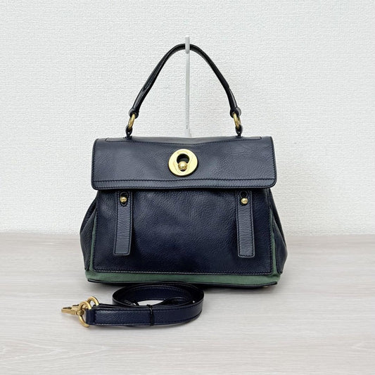 Saint Laurent Hand Bag Tote Purse 2way Muse Toe Leather Canvas Navy Green Auth