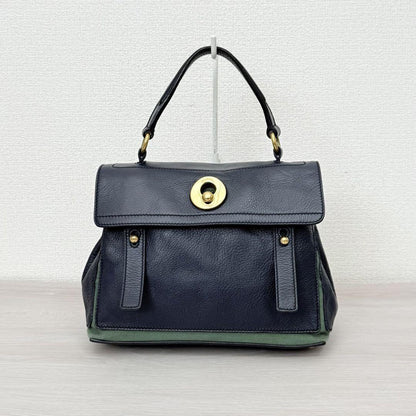 Saint Laurent Hand Bag Tote Purse 2way Muse Toe Leather Canvas Navy Green Auth