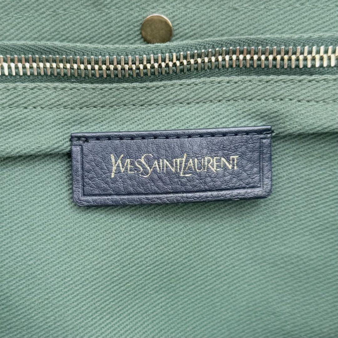 Saint Laurent Hand Bag Tote Purse 2way Muse Toe Leather Canvas Navy Green Auth