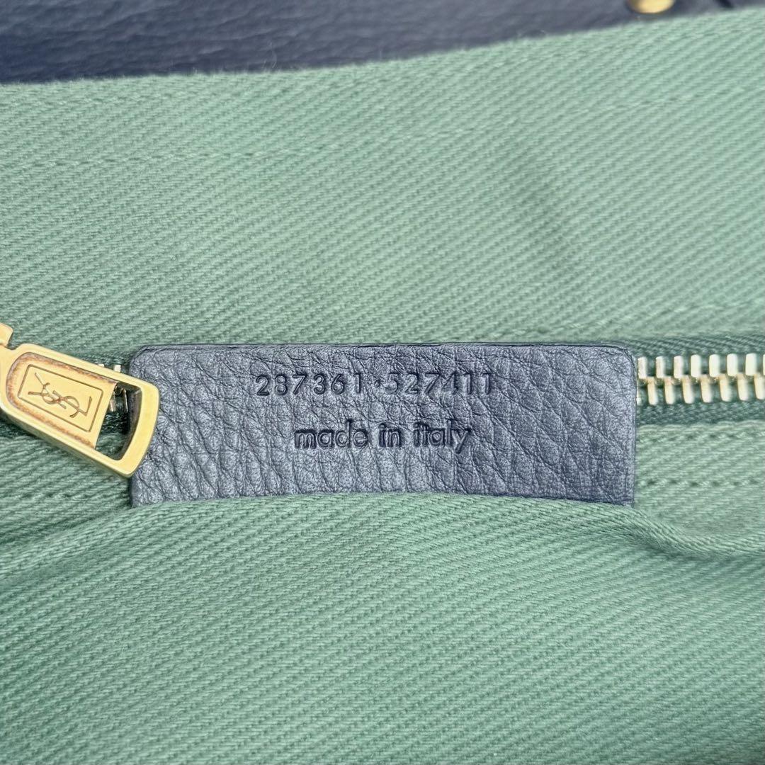 Saint Laurent Hand Bag Tote Purse 2way Muse Toe Leather Canvas Navy Green Auth