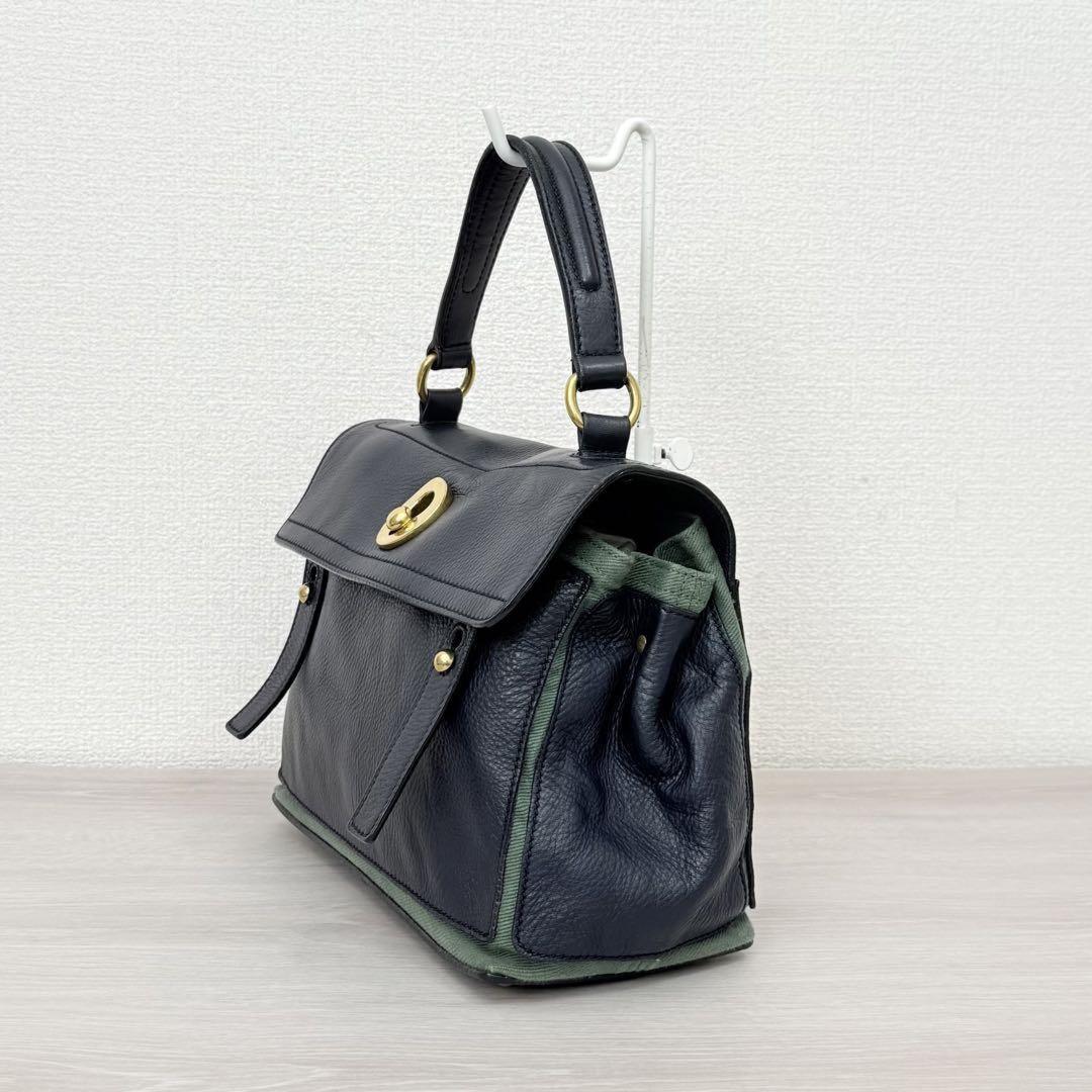 Saint Laurent Hand Bag Tote Purse 2way Muse Toe Leather Canvas Navy Green Auth