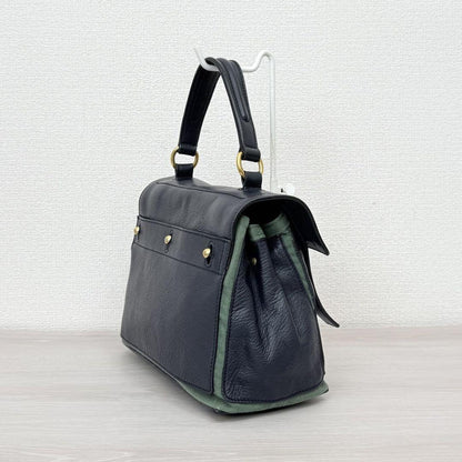 Saint Laurent Hand Bag Tote Purse 2way Muse Toe Leather Canvas Navy Green Auth