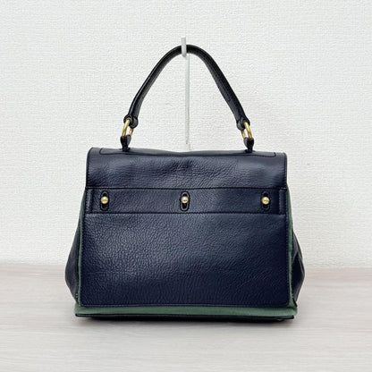 Saint Laurent Hand Bag Tote Purse 2way Muse Toe Leather Canvas Navy Green Auth