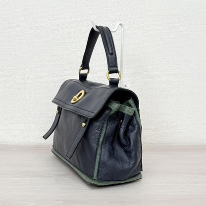 Saint Laurent Hand Bag Tote Purse 2way Muse Toe Leather Canvas Navy Green Auth