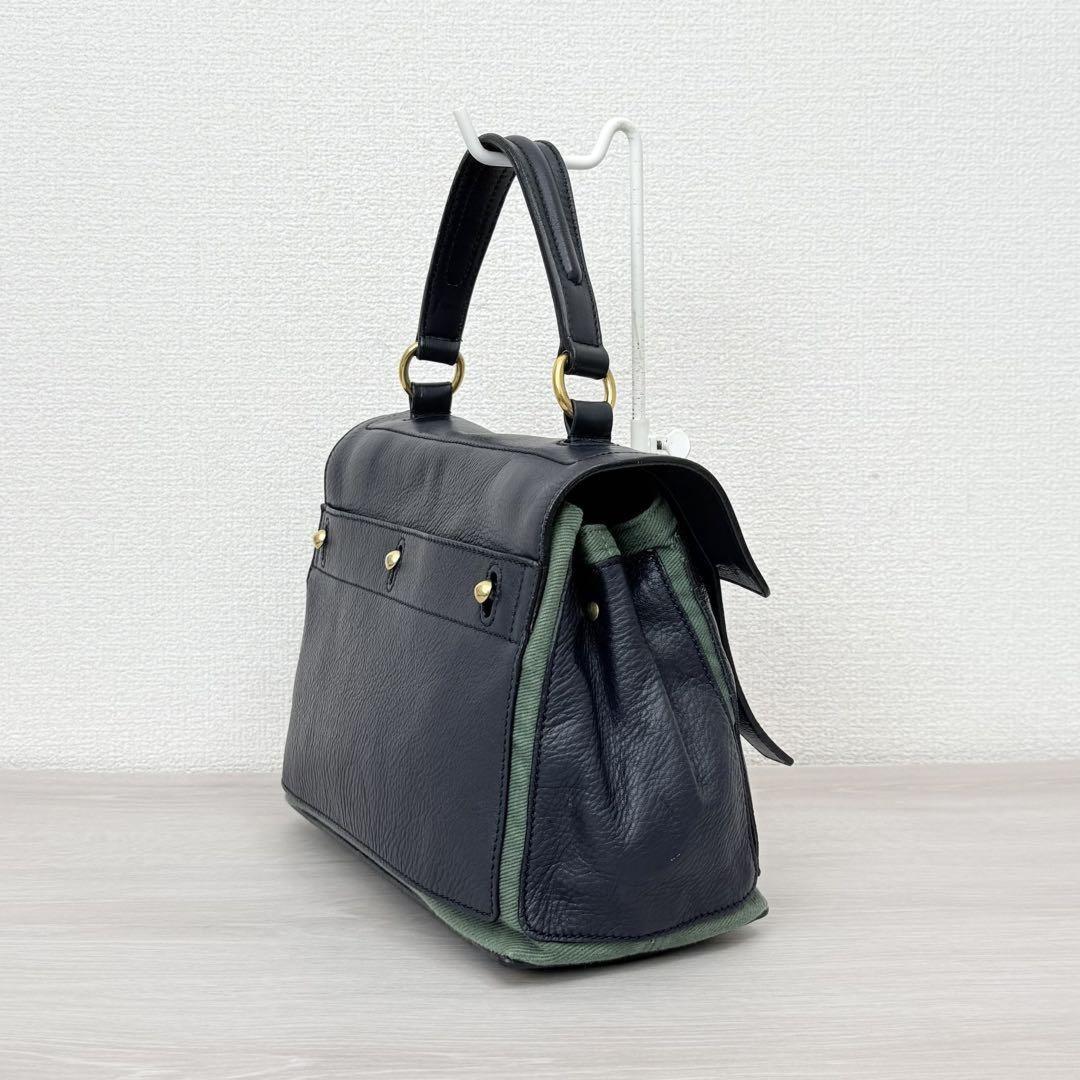 Saint Laurent Hand Bag Tote Purse 2way Muse Toe Leather Canvas Navy Green Auth