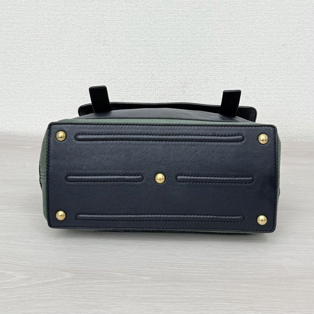 Saint Laurent Hand Bag Tote Purse 2way Muse Toe Leather Canvas Navy Green Auth