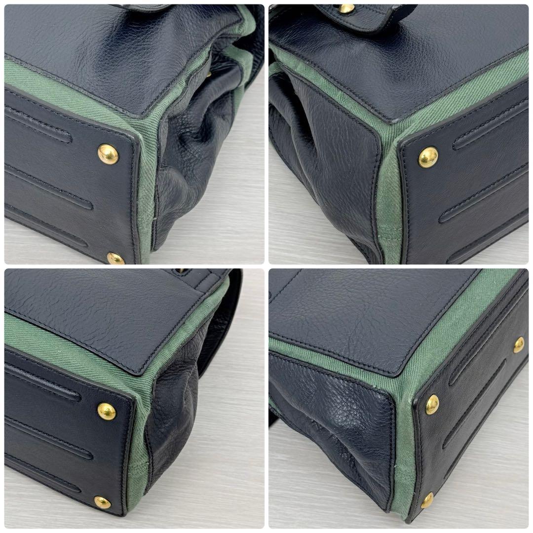 Saint Laurent Hand Bag Tote Purse 2way Muse Toe Leather Canvas Navy Green Auth