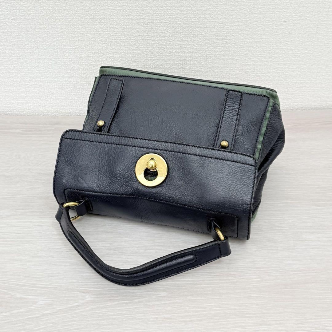 Saint Laurent Hand Bag Tote Purse 2way Muse Toe Leather Canvas Navy Green Auth
