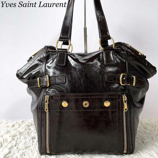 Saint Laurent Hand Bag Tote Purse Downtown Patent Leather Dark Brown Authentic