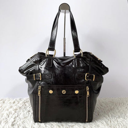 Saint Laurent Hand Bag Tote Purse Downtown Patent Leather Dark Brown Authentic