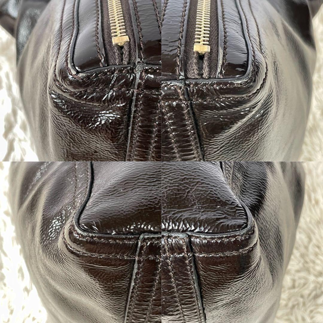 Saint Laurent Hand Bag Tote Purse Downtown Patent Leather Dark Brown Authentic