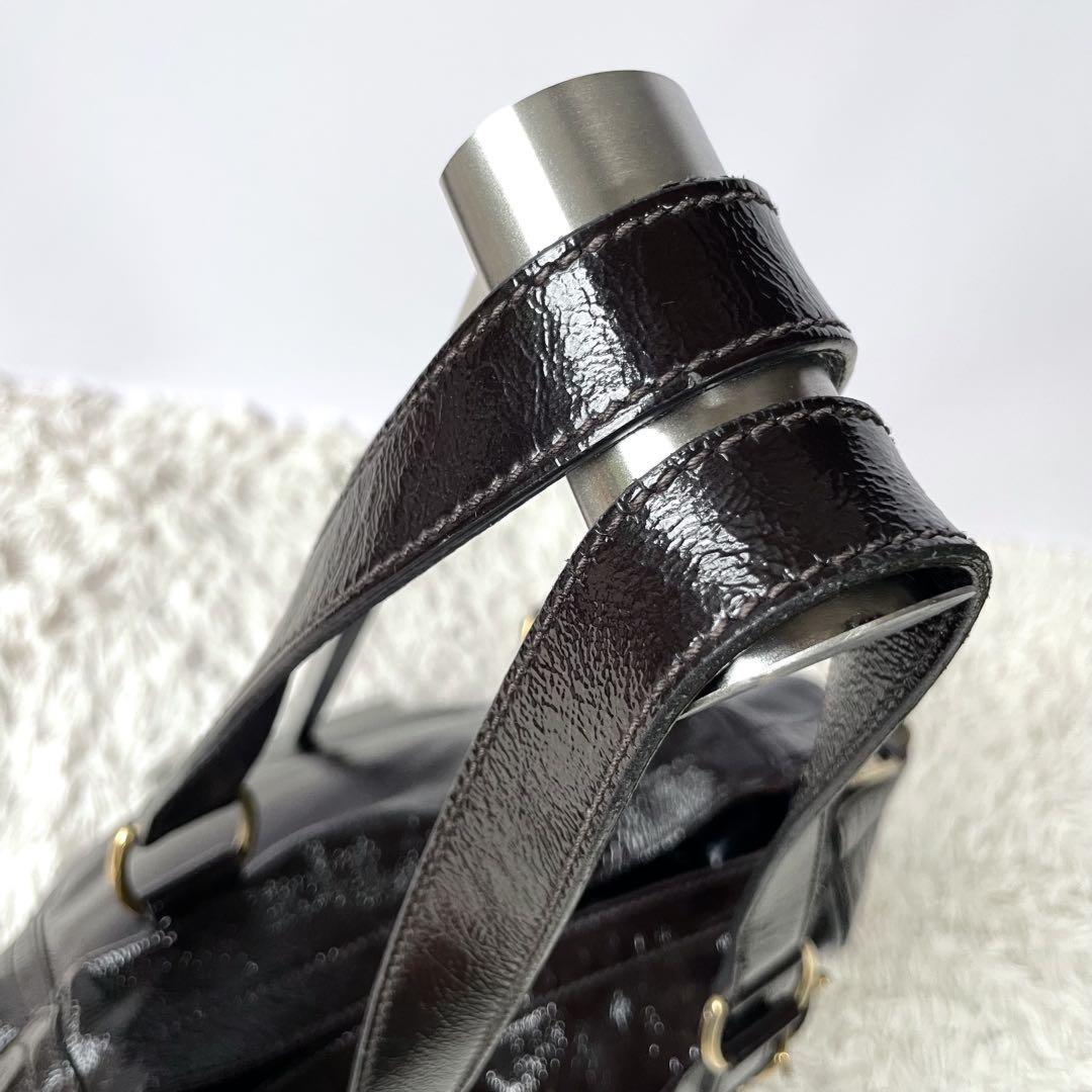 Saint Laurent Hand Bag Tote Purse Downtown Patent Leather Dark Brown Authentic