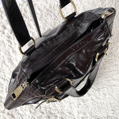 Saint Laurent Hand Bag Tote Purse Downtown Patent Leather Dark Brown Authentic
