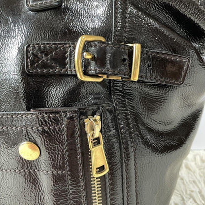 Saint Laurent Hand Bag Tote Purse Downtown Patent Leather Dark Brown Authentic